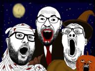 4soyjaks blood clothes ear food glasses halloween hat meta:featured mummy necktie open_mouth pumpkin soyjak soyjak_trio2 stubble suit vampire variant:a24_slowburn_soyjak variant:cirrus variant:hot_sauce variant:reaction_soyjak variant:unknown wizard_hat // 963x720 // 568.0KB