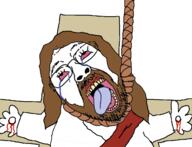 anhero arm beard blood bloodshot_eyes brown_hair christianity clothes cross crucifixion crying glasses hair hand hanging jesus mustache open_mouth religion rope soyjak tongue variant:bernd yellow_teeth // 1268x969 // 663.1KB