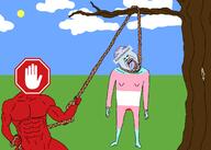 adblock_plus adblocker advertisement arm background clothes crying hanging holding_object holding_rope lynching neovagina open_mouth outdoors purple_hair red_skin soyjak stubble tongue tranny tree variant:bernd // 2100x1500 // 191.0KB