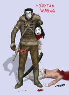 accessory ack anti_soytan antiswarthy_(namefag) arrow art background beheaded blood blood_drip bloodshot_eyes blue_eyes boot boots cacao classical_art_parody clothes cossack eskimo female glasses glove gore hair holding_head holding_sword imminent_death looking_at_you looking_up meta:featured meta:namefags mullet musket redtext sabre soytan_is_nas soytan_will_never_be_a_gem stain sword text uniform variant:chudjak variant:soytan weapon women wrinkles // 2788x3810 // 4.4MB