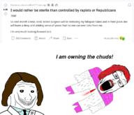 blood blood_spray brown_hair english_text eugenics female female_genital_mutilation feminism feminist genital_mutilation glasses hair hairy lipstick looking_at_you pink_shirt red_hair reddit soyjak text vagina variant:markiplier_soyjak variant:wojak // 763x660 // 150.3KB