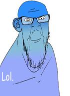 blue_skin calm closed_mouth comic_sans ear glasses lol lol_kek_kek_lmao_lmao_lmao_xd_haha mustache no_eyebrows smile soyjak stubble text variant:feraljak // 895x1217 // 125.8KB