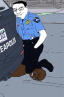 arm car closed_mouth crying derek_chauvin drawn_background full_body george_floyd glasses hair hand kneel leg police series:saint_floyd smile smug soyjak variant:chudjak variant:wojak wojak // 936x1407 // 503.0KB