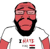 arabic_text arm baghdad balding beard closed_eyes closed_mouth clothes flag flag:iraq frown glasses hair i_hate iraq soyjak subvariant:science_lover text tshirt variant:markiplier_soyjak // 800x789 // 174.6KB