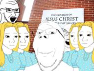 3soyjaks angry christianity clothes female glasses irl_background mormonism mustache open_mouth polygamy redraw religion smile soyjak soyjak.com soyjak_com stubble subvariant:trad_wife subvariant:wholesome_soyjak variant:feraljak variant:gapejak variant:soyak wojak // 600x450 // 340.1KB