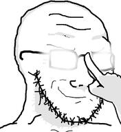 closed_mouth glasses glowing glowing_eyes glowing_glasses hand shadow smile smug soyjak stubble variant:soyak // 620x675 // 101.0KB