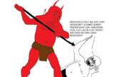 angry arm bald bloodshot_eyes christianity clothes crying demon faggot gay glasses hazbin_hotel hell horn is_a_FUCKING_SOYJAK loincloth meta:tagme neutral nipple obese op_is_a_retarded_lazy_faggot_for_not_tagging_his_own_shit open_mouth red_skin satan satanism selfish_little_fuck soyjak spear stubble tail text torture variant:cryboy_soyjak variant:wojak watermark white_background // 1080x607 // 138.3KB