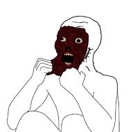 arm blood_from_forehead blood_from_mouth blood_on_face deep_wound exposed_muscle face-off_-_xue_jiye gore hand holding_object horror leg no_nose nosebleed open_mouth pain screaming sitting skinned_face soyjak stubble variant:soyak // 752x750 // 94.3KB