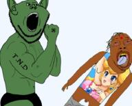 2soyjaks ack black_eyes black_skin bloodshot_eyes bulge copium48 full_body green_skin half_naked inside_joke jeet keyed mario pajeet peach pink_hair punch purple_hair small_penis smile subvariant:orcish_soyak_ears swastika tattoo tbp total_nigger_death variant:bernd variant:impish_soyak_ears vidlii war yellow_teeth // 917x742 // 345.5KB