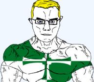 arm aryan blue_eyes british buff closed_mouth clothes cross ear flag flag:kirkcudbrightsire glasses hair kirkcudbrightsire scotland soyjak subvariant:chudjak_front subvariant:muscular_chud tshirt united_kingdom variant:chudjak vein yellow_hair // 1059x929 // 62.3KB