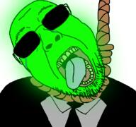 clothes federal_bureau_of_investigation glasses glowing hanging soyjak suicide suit sunglasses trend:glowie variant:bernd // 768x719 // 162.9KB