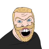 beard blue_eyes chad clothes hair mustache nordic_chad open_mouth pink_skin soyjak teeth variant:feraljak yellow_hair // 1500x1500 // 42.7KB