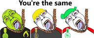 4chan 4cuck ack anime black_shirt blue_tongue crying dead glasses green_hair green_skin hair hanging kiwifarms medal red_eyes rope soyjak soyjak_party suicide website white_shirt white_skin yellow_hair yotsoyba you're_the_same // 2510x1015 // 731.5KB