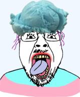 clothes flag food glasses hair ice_cream mustache open_mouth purple_hair soyjak stubble tongue tranny trаnnу variant:bernd yellow_teeth // 1351x1627 // 462.0KB