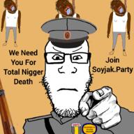 4soyjaks angry arm badge blood bloodshot_eyes closed_mouth clothes crying full_body glasses gun hair hand hanging hat military mustache nigger open_mouth pointing pointing_at_viewer rifle rope soyjak soyjak_party stubble text tongue total_nigger_death variant:bernd variant:markiplier_soyjak watch yellow_teeth // 1000x1000 // 405.5KB