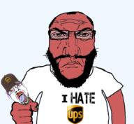 2soyjaks angry balding beard bloodshot_eyes cap closed_mouth clothes crying fist glasses hair hat i_hate mustache punisher_face red_skin soyjak stubble subvariant:science_lover text tongue tshirt united_parcel_service variant:bernd variant:markiplier_soyjak yellow_teeth // 1016x934 // 470.5KB