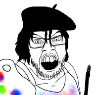 angry artist beret brush clothes glasses hair hat mustache open_mouth paint paintbrush palette sleeveless_shirt soyjak stubble variant:feraljak // 1500x1500 // 544.0KB