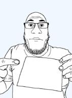 bald balding closed_mouth clothes glasses hand holding_object neutral pointing sign soyjak stubble subvariant:nuplier template transparent_background tshirt variant:markiplier_soyjak white_background // 676x913 // 17.7KB