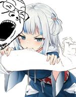 anime arm bite blue_eyes closed_eyes clothes gawr_gura glasses grey_hair hair hand open_mouth screaming soyjak stubble subvariant:wholesome_soyjak variant:gapejak white_skin // 700x890 // 93.0KB