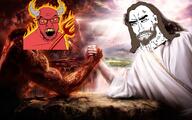 beard fire handshake heaven hell jesus long_hair meme satan subvariant:perceptive_chud template variant:chudjak variant:feraljak wrestling // 1200x750 // 1.2MB