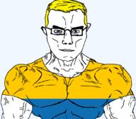 arm blue_eyes buff closed_mouth clothes country flag flag:opole glasses hair opole poland soyjak subvariant:chudjak_front subvariant:muscular_chud transparent transparent_background tshirt variant:chudjak vein voivodeship yellow_hair // 1059x929 // 45.7KB