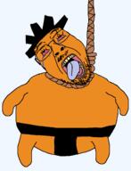 arm black_skin bloodshot_eyes cartoon crying dead dic fat full_body glasses hair hanging leg lipstick mamoo mustache open_mouth rope soyjak stubble suicide super_duper_sumos thong tongue variant:bernd yellow_teeth // 1208x1582 // 49.3KB