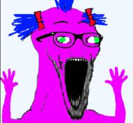 blue_hair bow bury_pink_gril glasses green_eyes hand hands_up open_mouth pink pink_skin s4s_(4chan) soyjak stubble subvariant:wewjak variant:soyak // 640x590 // 130.4KB