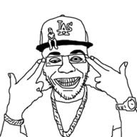 arm cap closed_mouth clothes dababy glasses grin hand hat ias sitting soyjak stubble text variant:unknown watch // 300x300 // 35.6KB