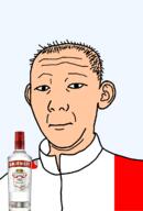1864 alcohol bottle christianity closed_mouth clothes ear flag flag:volgoda_oblast hair neutral russia smirnoff soyjak text track_suit transparent_background variant:kuzjak vodka vologda_oblast white_skin // 810x1192 // 119.3KB
