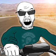 angry arm biker clothes desert glasses hand irl_background motorcycle mustache open_mouth road soyjak stubble sun sunglasses text variant:feraljak // 959x928 // 600.2KB
