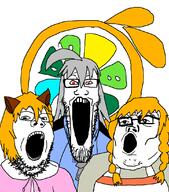 100_percent_orange_juice 3soyjaks ahoge apron bloodshot_eyes braids cat_ear clothes drawn_background female flying_red_barrel glasses hair hoodie marc_(red_barrel) open_mouth orange_(fruit) orange_hair qp_(qp_shooting) qp_shooting soyjak stretched_mouth stubble suguri suguri_(character) track_suit trend:soyjak_trio variant:gapejak variant:markiplier_soyjak variant:tony_soprano_soyjak white_hair // 968x1100 // 116.7KB