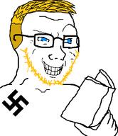aryan blond blue_eyes book eyes_like_the_o-o-cean nazism smile smug soyjak_blog swastika teeth variant:soyak yellow_hair // 676x782 // 19.3KB