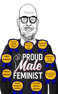 artist:conservativewaluigi award beard cuck feminism feminist fist glasses male_feminist rapist reddit shirts simp slave smile soyboy soyjak variant:microplasticsjak virgin // 464x757 // 232.5KB