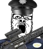 badge clothes gun hat mustache open_mouth police police_hat soyjak stubble variant:a24_slowburn_soyjak weapon // 661x750 // 476.4KB