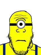 closed_mouth clothes glasses goggles minion neutral one_eye overalls soyjak stubble subvariant:neutralplier variant:markiplier_soyjak yellow yellow_skin // 600x800 // 82.1KB