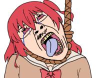 bloodshot_eyes bocchi_the_rock green_eyes hanging ikuyo_kita open_mouth red_hair ribbon soyjak suicide tranny uniform variant:bernd // 954x776 // 185.9KB