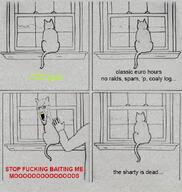 animal bloodshot_eyes cat cat_ear comic demoralization glasses gray_skin hand large_eyebrows open_mouth stretched_mouth stubble tail text variant:soyak yellow_teeth // 640x674 // 527.1KB