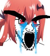 anime bloodshot_eyes crying gabriel_dropout glasses hair open_mouth ornament red_hair satania soyjak stania stubble thick_eyebrows variant:soyak // 780x875 // 380.6KB