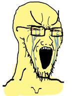 asian bloodshot_eyes crying glasses large_eyebrows open_mouth small_eyes soyjak stretched_mouth stubble variant:soyak yellow yellow_skin // 785x1000 // 174.9KB