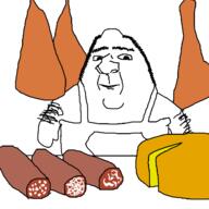 arm balding butcher cheese drawn_background hairy hand happy meat sausage smile soyjak stubble variant:ishish_soyak_ears // 1600x1600 // 146.9KB