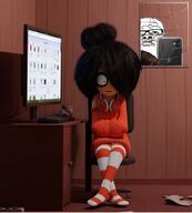 catalog chair closed_mouth clothes computer female full_body glasses hair headphones holding_object maya_(ongezellig) mirror mustache ongezellig orange_skin phone scared screenshot soda soyjak soyjak_party variant:a24_slowburn_soyjak // 681x756 // 399.8KB