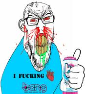 angry bang_(energy_drink) blood bloodshot_eyes can clenched_teeth cracked_teeth ear energy_drink glasses heart holding_object i_love mustache nosebleed soyjak stubble subvariant:feralrage text variant:feraljak vein yellow_teeth // 825x909 // 472.2KB