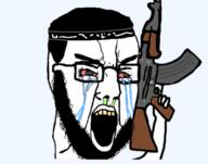 ak-47 arabic_text arm bloodshot_eyes crying firearm glasses gun hair hand holding_gun holding_object holding_rifle mass_shooter mucus open_mouth rifle terrorist transparent variant:chudjak weapon // 591x465 // 107.0KB