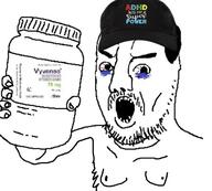 adhd arm bloodshot_eyes clothes hand hat holding_object meds mustache soyjak stubble variant:medsjak // 516x466 // 55.9KB