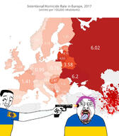 2soyjaks arm azov_battalion blood closed_mouth country death firearm flag glasses gun hand map mustache nazism oink open_mouth pointing purple_hair russo_ukrainian_war schutzstaffel smile soyjak statistics stubble swastika tattoo text tongue tranny ukraine variant:bernd variant:chudjak weapon yellow_teeth // 1166x1335 // 257.0KB