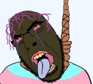 ack bloodshot_eyes brown_troonjak crying dead hanging lipstick pink_hair rope slopjak tongue tranny troon variant:cobson // 1500x1362 // 49.6KB