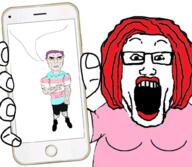 2soyjaks buff chud closed_mouth female feminist glasses holding_object holding_phone iphone open_mouth phone soyjak subvariant:chudjak_front subvariant:female_markiplier subvariant:unbotheredchud tranny variant:chudjak variant:markiplier_soyjak vein // 1000x872 // 680.8KB