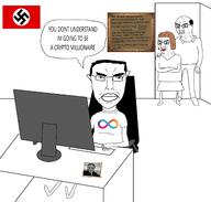 3soyjaks autism biz_(4chan) clothes computer cryptocurrency ear flag full_body glasses hair internet_computer millions_must_die nazism old soyjak speech_bubble subvariant:pol_face swastika text variant:chudjak // 2250x2144 // 854.7KB