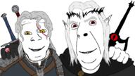 2soyjaks 3soyjaks albino armor chain_mail champion clothes elf elric friendship geralt_of_rivia grey_hair hair hand happy hugging looking_at_you no_more_brother_wars objectsoy orange_eyes red_eyes ring ruby scar smile soyjak stubble sword variant:cobson variant:feraljak variant:soyak white_hair witcher yellow_eyes // 1000x562 // 88.9KB