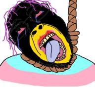 black_skin bloodshot_eyes crying g_(4chan) glasses hanging linux looking_up mustache open_mouth penguin purple_hair rope smeared_lipstick soyjak stubble suicide technology tongue tranny tux variant:bernd white_background yellow_skin yellow_teeth // 768x719 // 477.6KB